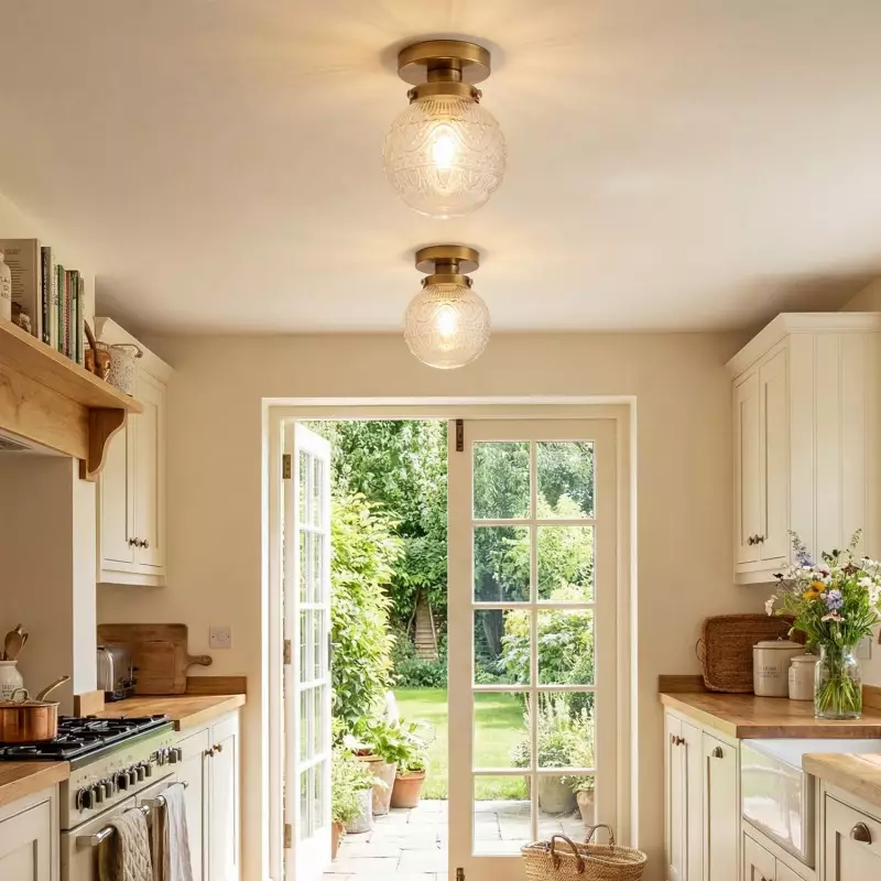 Ixionis Vintage Engraved Pattern Globe Glass Flush Mount Ceiling Light