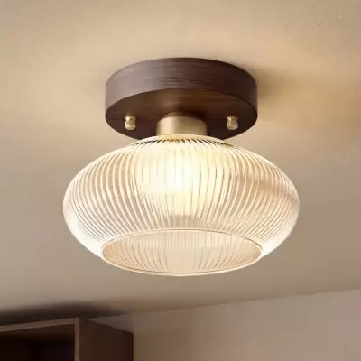 Caspian Retro Led Walnut Base Amber Fluted Glass Ceiling Light