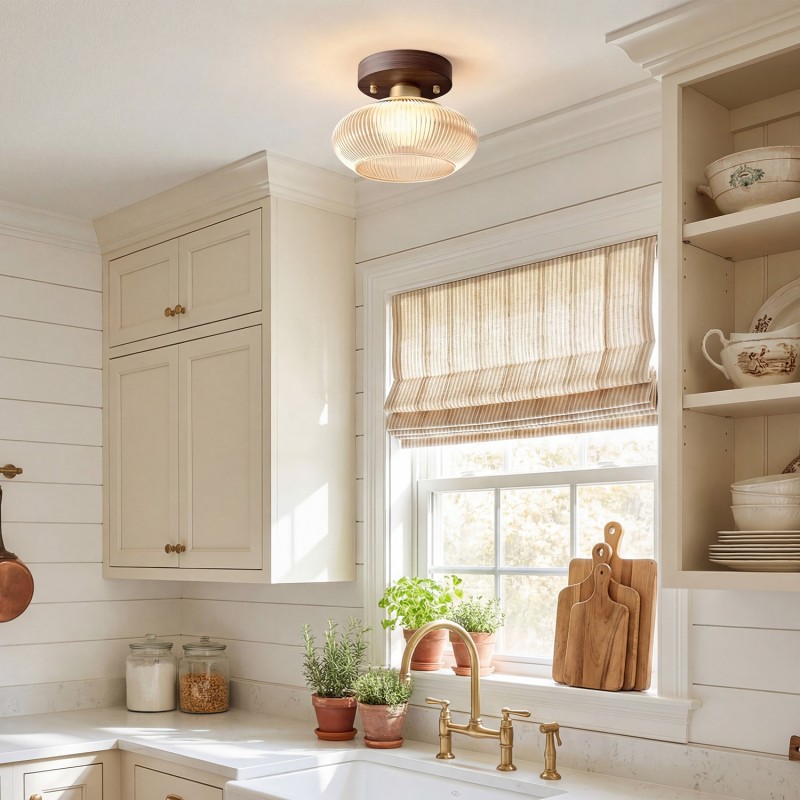 Caspian Retro Led Walnut Base Amber Fluted Glass Ceiling Light