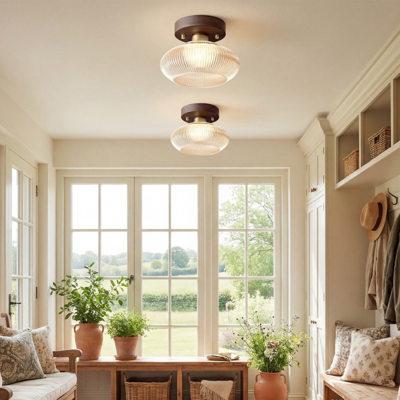 Caspian Retro Led Walnut Base Amber Fluted Glass Ceiling Light