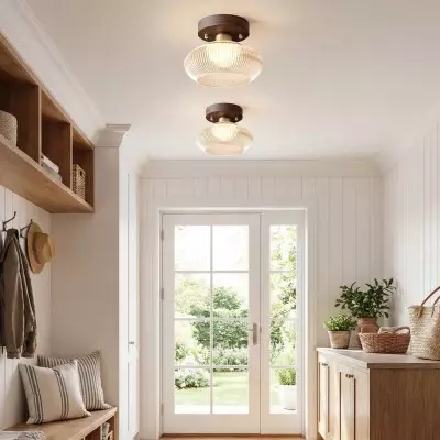 Caspian Retro Led Walnut Base Amber Fluted Glass Ceiling Light