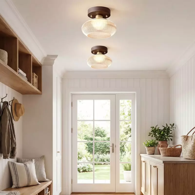 Caspian Retro Led Walnut Base Amber Fluted Glass Ceiling Light