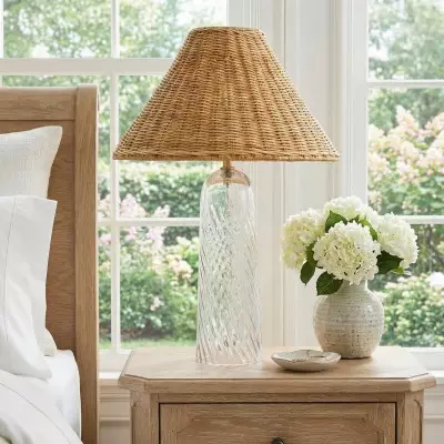 Gunner Boho Natural Rattan & Clear Glass Cylindrical Table Lamp