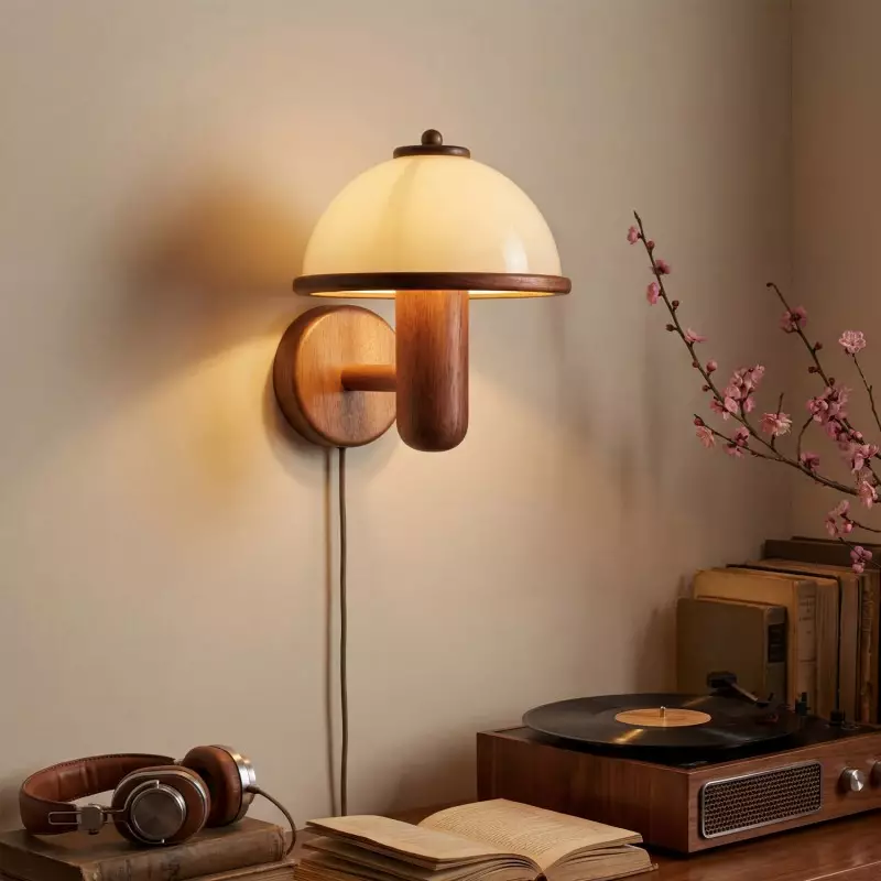 Zera Wood Mushroom White Milk Shade Plug In Sconce