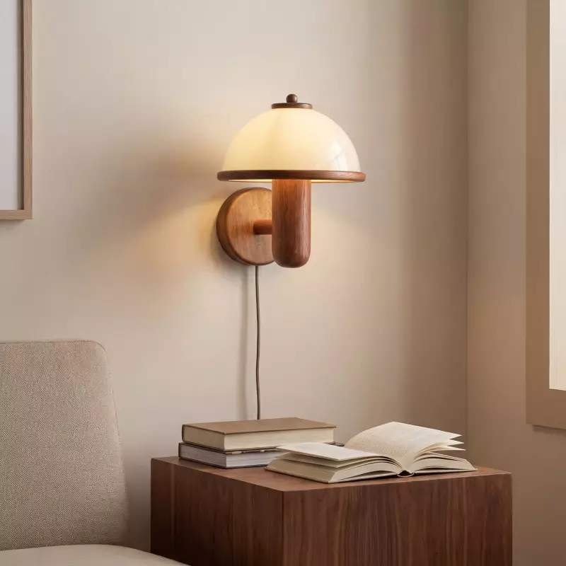 Zera Wood Mushroom White Milk Shade Plug In Sconce