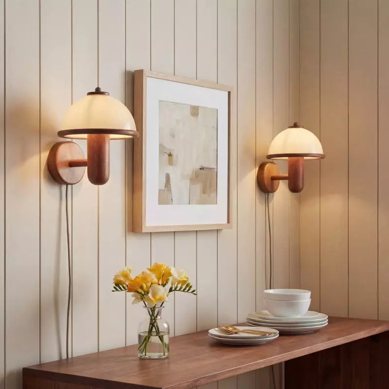Zera Wood Mushroom White Milk Shade Plug In Sconce