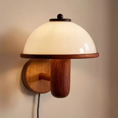 Zera Wood Mushroom White Milk Shade Plug In Sconce