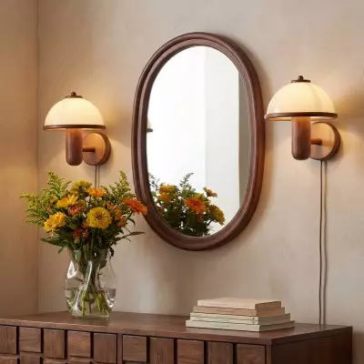 Zera Wood Mushroom White Milk Shade Plug In Sconce