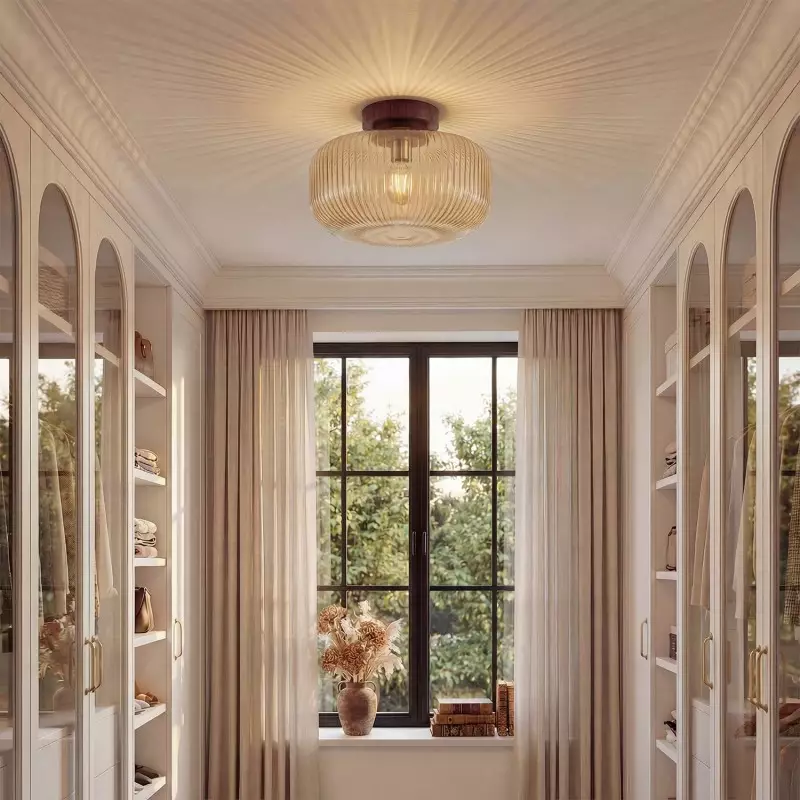 Octavius Farmhouse Retro Amber Fluted Glass Ceiling Light