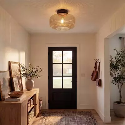 Octavius Farmhouse Retro Amber Fluted Glass Ceiling Light