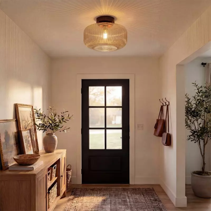 Octavius Farmhouse Retro Amber Fluted Glass Ceiling Light