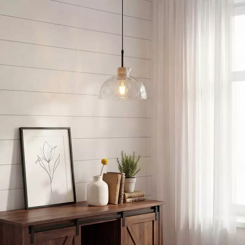 Kethor Mid Century Wood Hammered Glass Dome Pendant Light