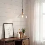 Kethor Mid Century Wood Hammered Glass Dome Pendant Light