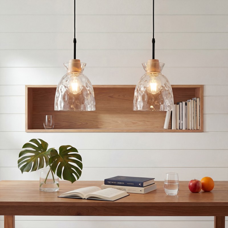 Kethor Mid Century Wood Hammered Glass Dome Pendant Light