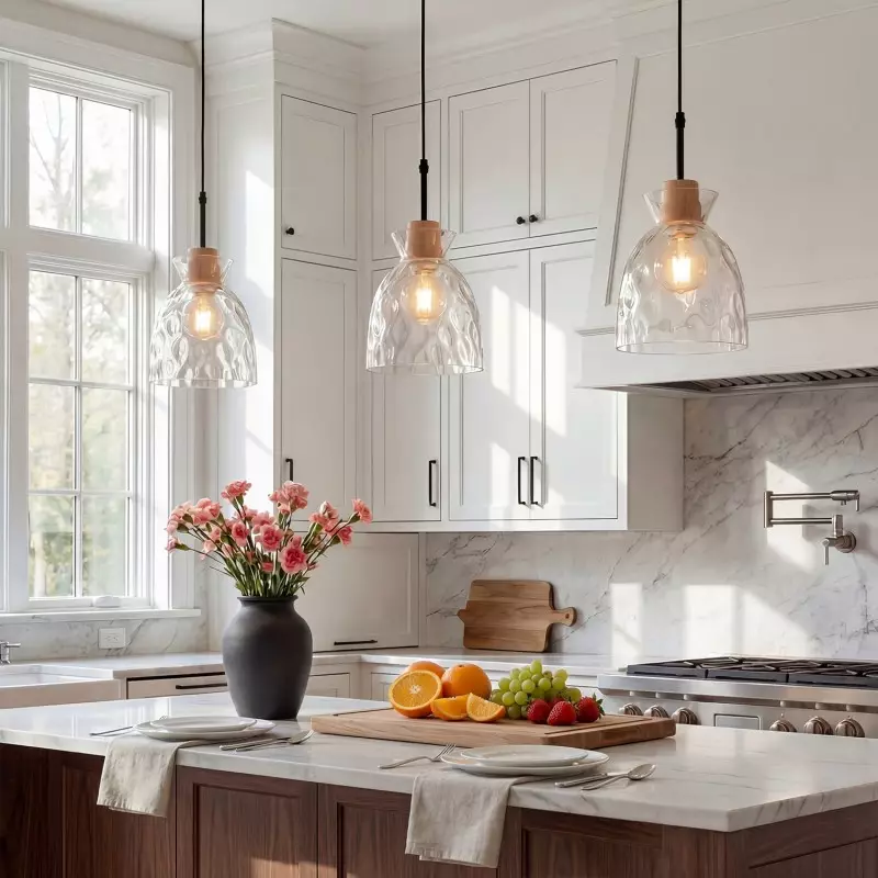 Kethor Mid Century Wood Hammered Glass Dome Pendant Light