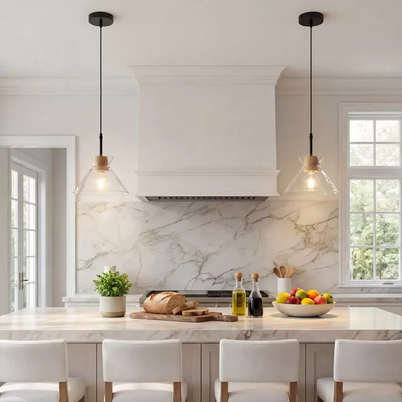 Kethor Mid Century Wood Hammered Glass Dome Pendant Light