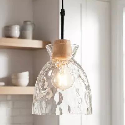 Kethor Mid Century Wood Hammered Glass Dome Pendant Light
