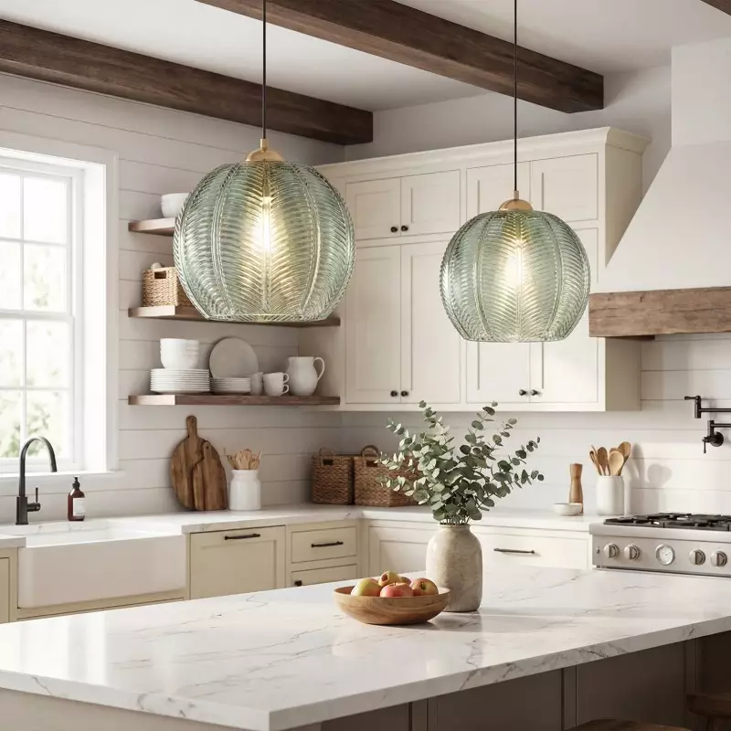 Yasmine Vintage Green Ribbed Glass Hanging Lamp