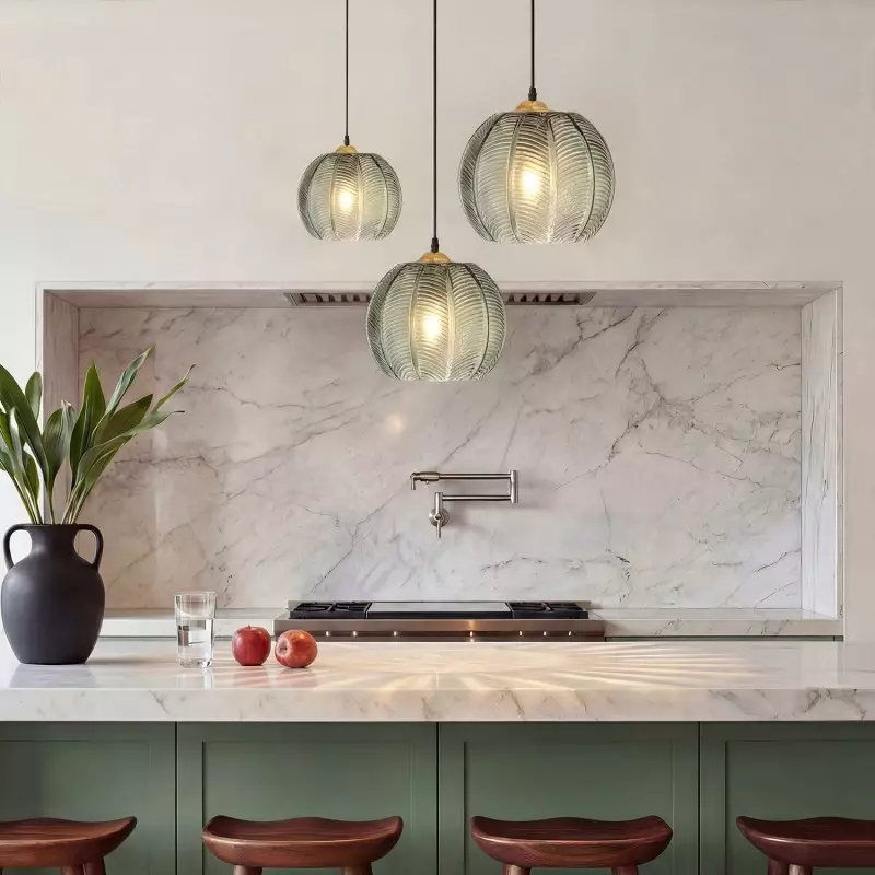 Yasmine Vintage Green Ribbed Glass Hanging Lamp