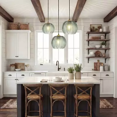 Yasmine Vintage Green Ribbed Glass Hanging Lamp