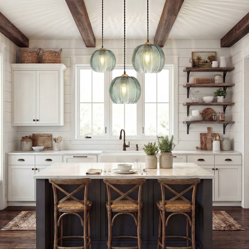 Yasmine Vintage Green Ribbed Glass Hanging Lamp