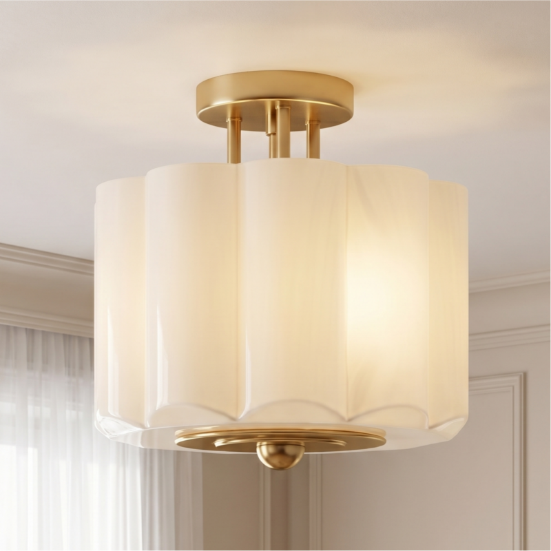 Hanahs Farmhouse Milk Glass Scalloped Shade Ceiling Light