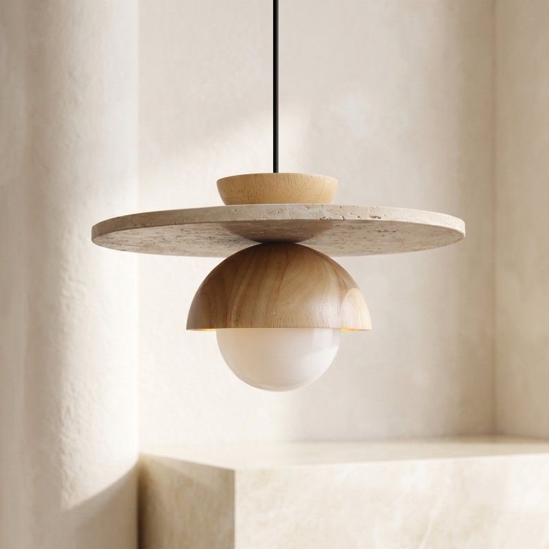 Dagan Wabi-Sabi Travertine Wood Globe Pendant Lamp
