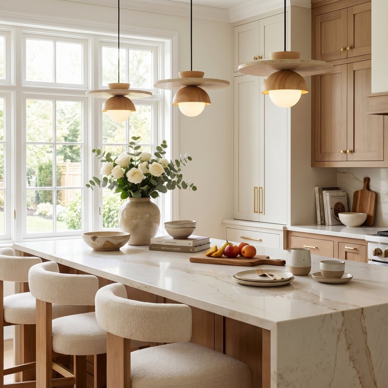 Dagan Wabi-Sabi Travertine Wood Globe Pendant Lamp