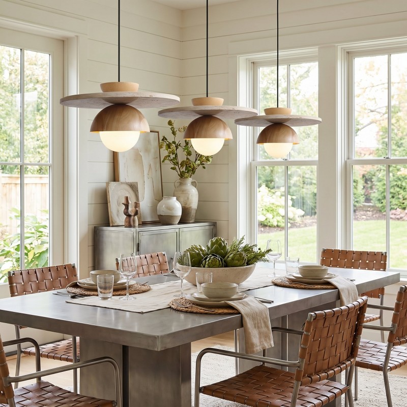 Dagan Wabi-Sabi Travertine Wood Globe Pendant Lamp