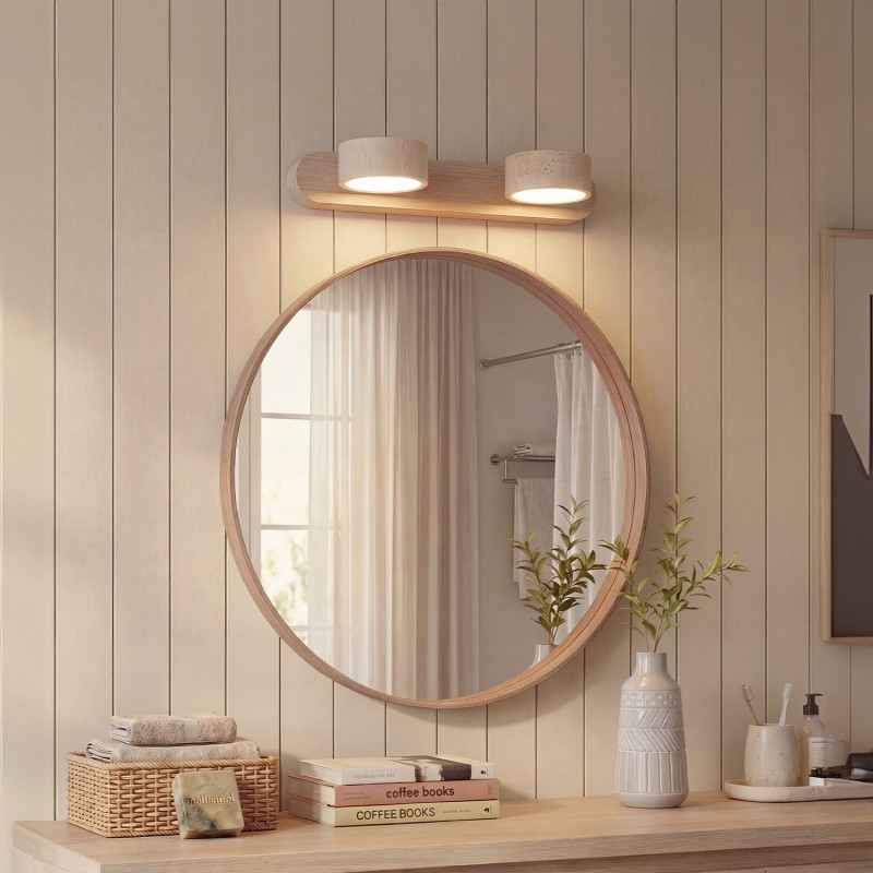 Benjamin Rustic Adjustable Travertine Wood Led Vanity Sconce
