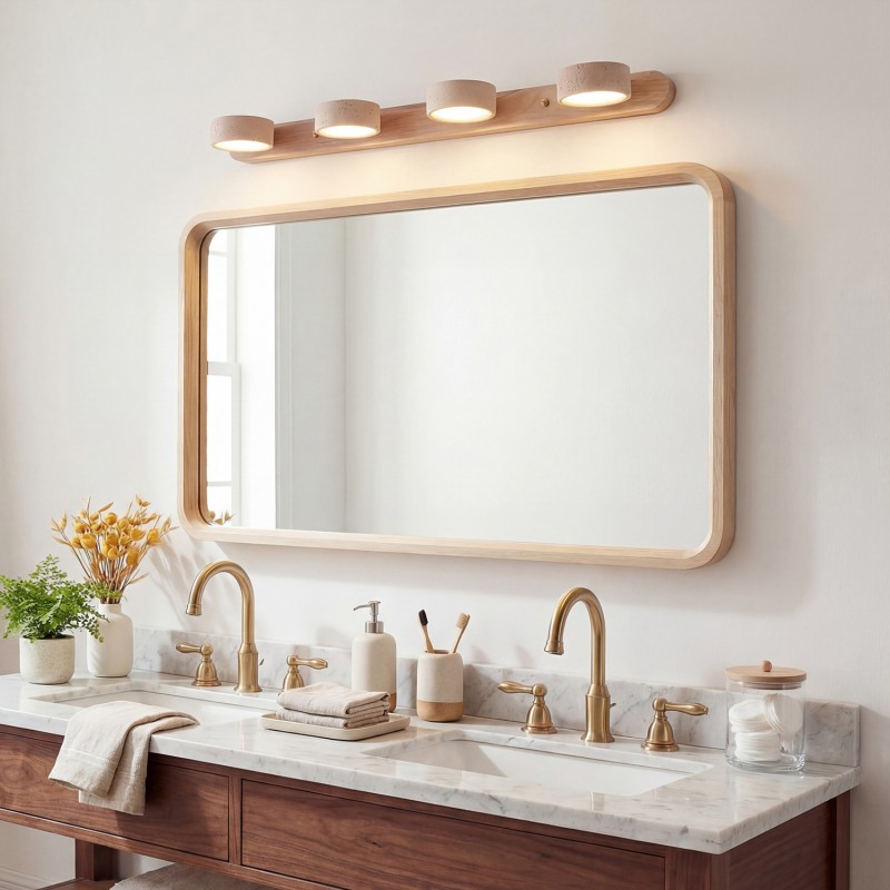 Benjamin Rustic Adjustable Travertine Wood Led Vanity Sconce