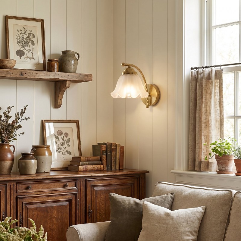 Hewitt Vintage Brass Floral Glass Wall Sconce