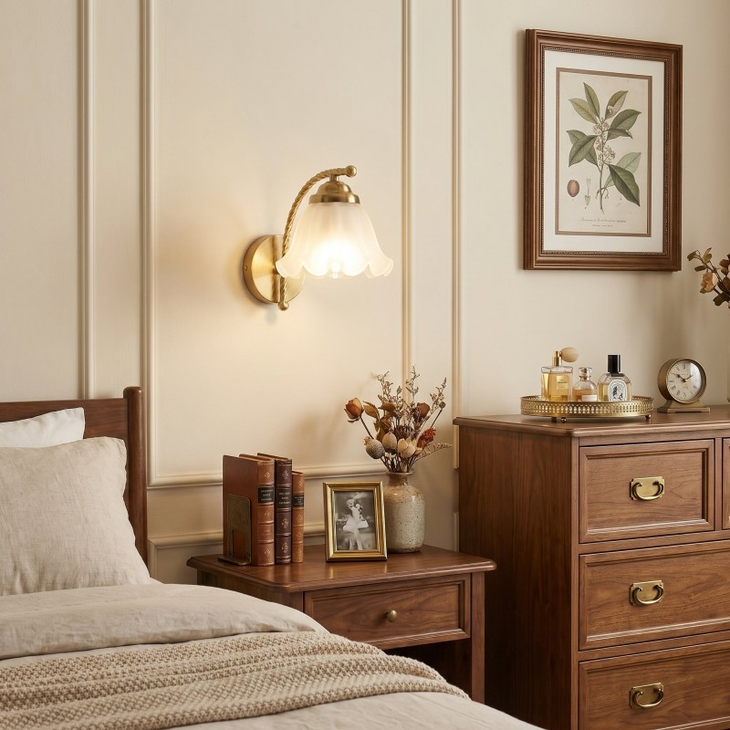 Hewitt Vintage Brass Floral Glass Wall Sconce