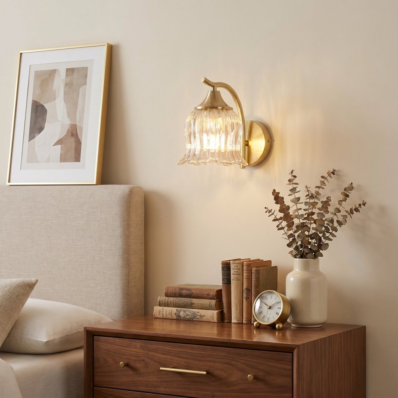 Hewitt Vintage Brass Floral Glass Wall Sconce