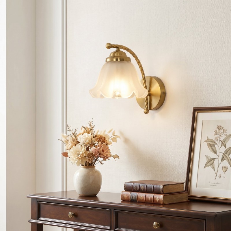 Hewitt Vintage Brass Floral Glass Wall Sconce