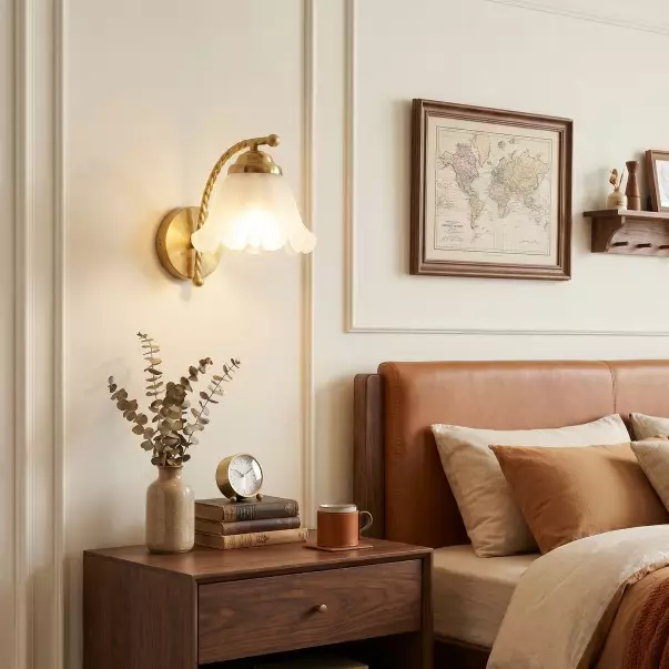 Hewitt Vintage Brass Floral Glass Wall Sconce