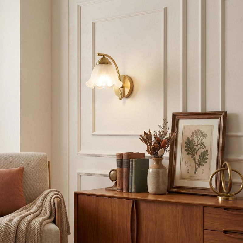 Hewitt Vintage Brass Floral Glass Wall Sconce