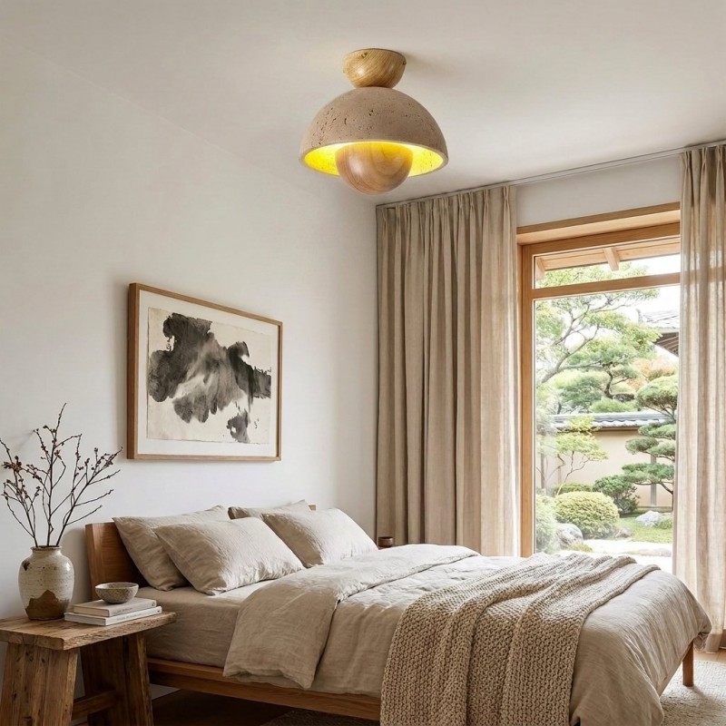 Elrick Mid-Century Travertine Wood Dome Ceiling Light