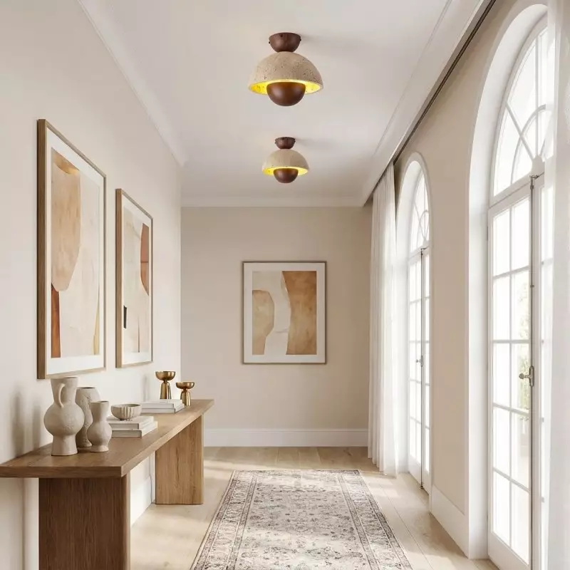 Elrick Mid-Century Travertine Wood Dome Ceiling Light