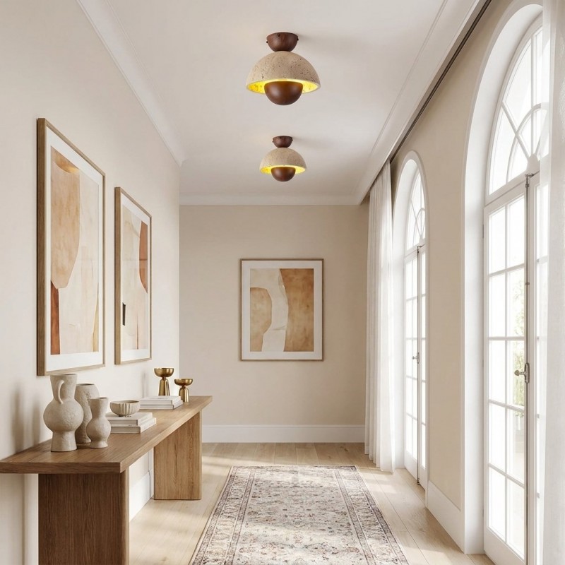 Elrick Minimalist Mid-Century Travertine Dome Ceiling Light