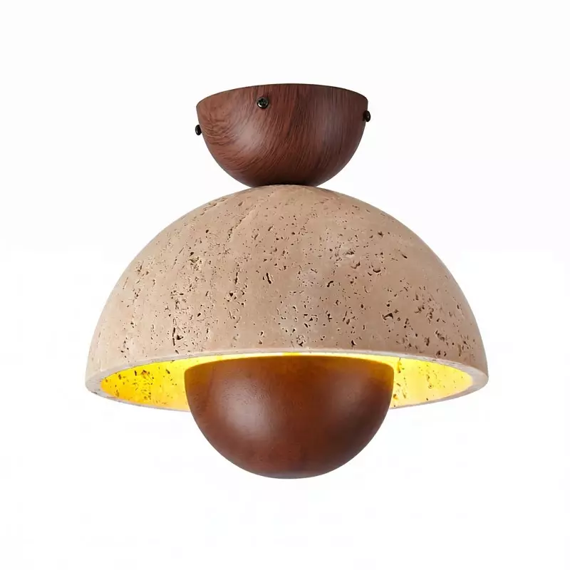 Elrick Mid-Century Travertine Wood Dome Ceiling Light