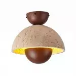 Elrick Mid-Century Travertine Wood Dome Ceiling Light