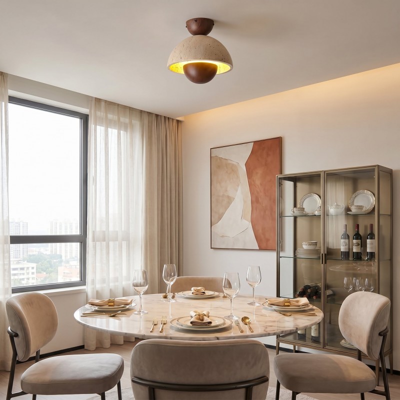 Elrick Mid-Century Travertine Wood Dome Ceiling Light