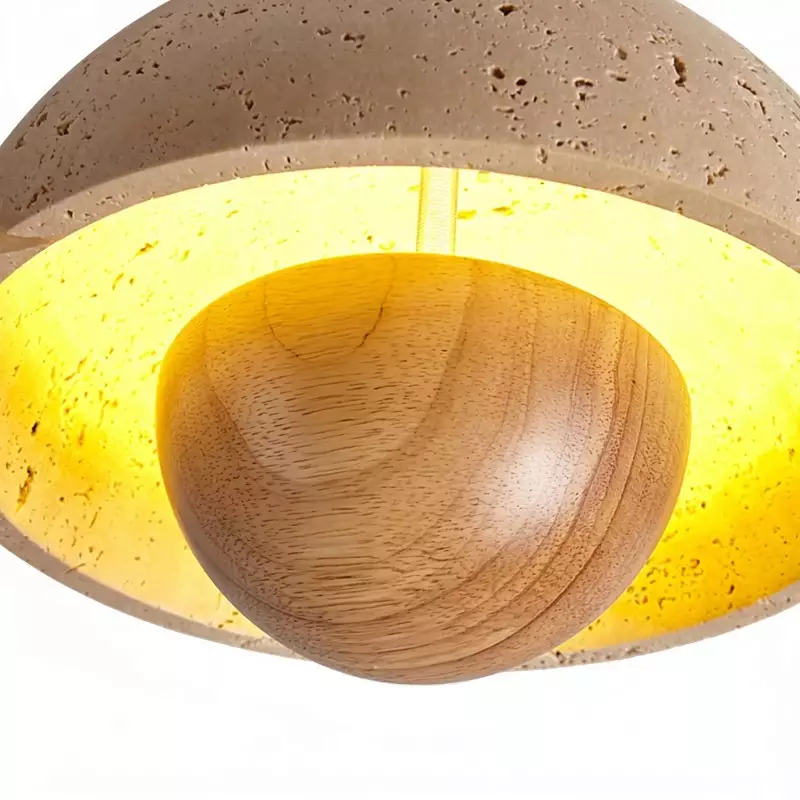 Elrick Mid-Century Travertine Wood Dome Ceiling Light