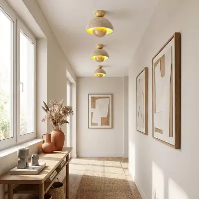 Elrick Minimalist Mid-Century Travertine Dome Ceiling Light