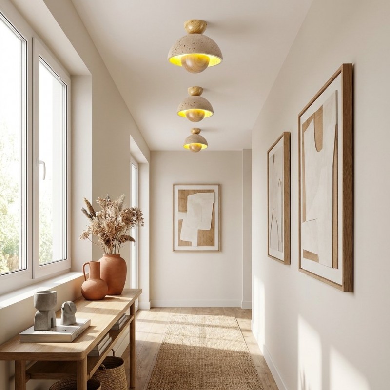 Elrick Minimalist Mid-Century Travertine Dome Ceiling Light