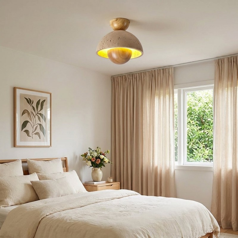 Elrick Mid-Century Travertine Wood Dome Ceiling Light