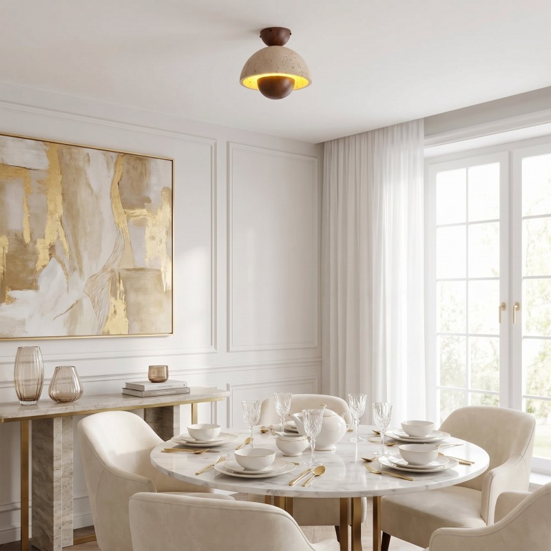 Elrick Minimalist Mid-Century Travertine Dome Ceiling Light