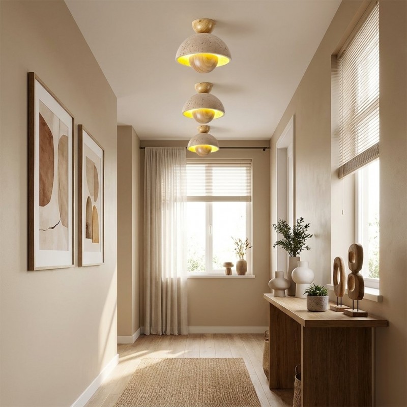 Elrick Mid-Century Travertine Wood Dome Ceiling Light