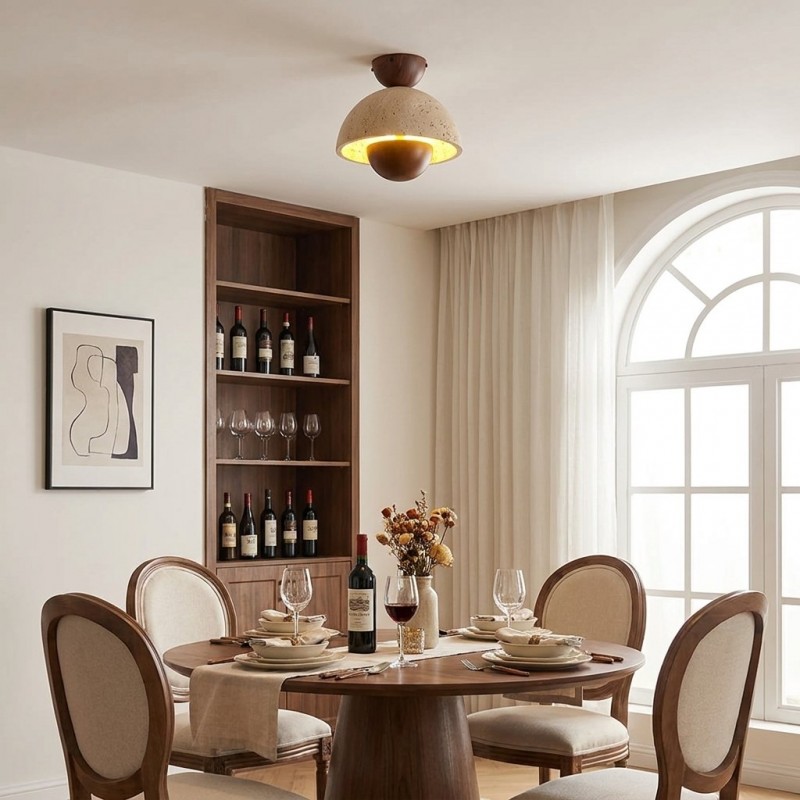 Elrick Minimalist Mid-Century Travertine Dome Ceiling Light